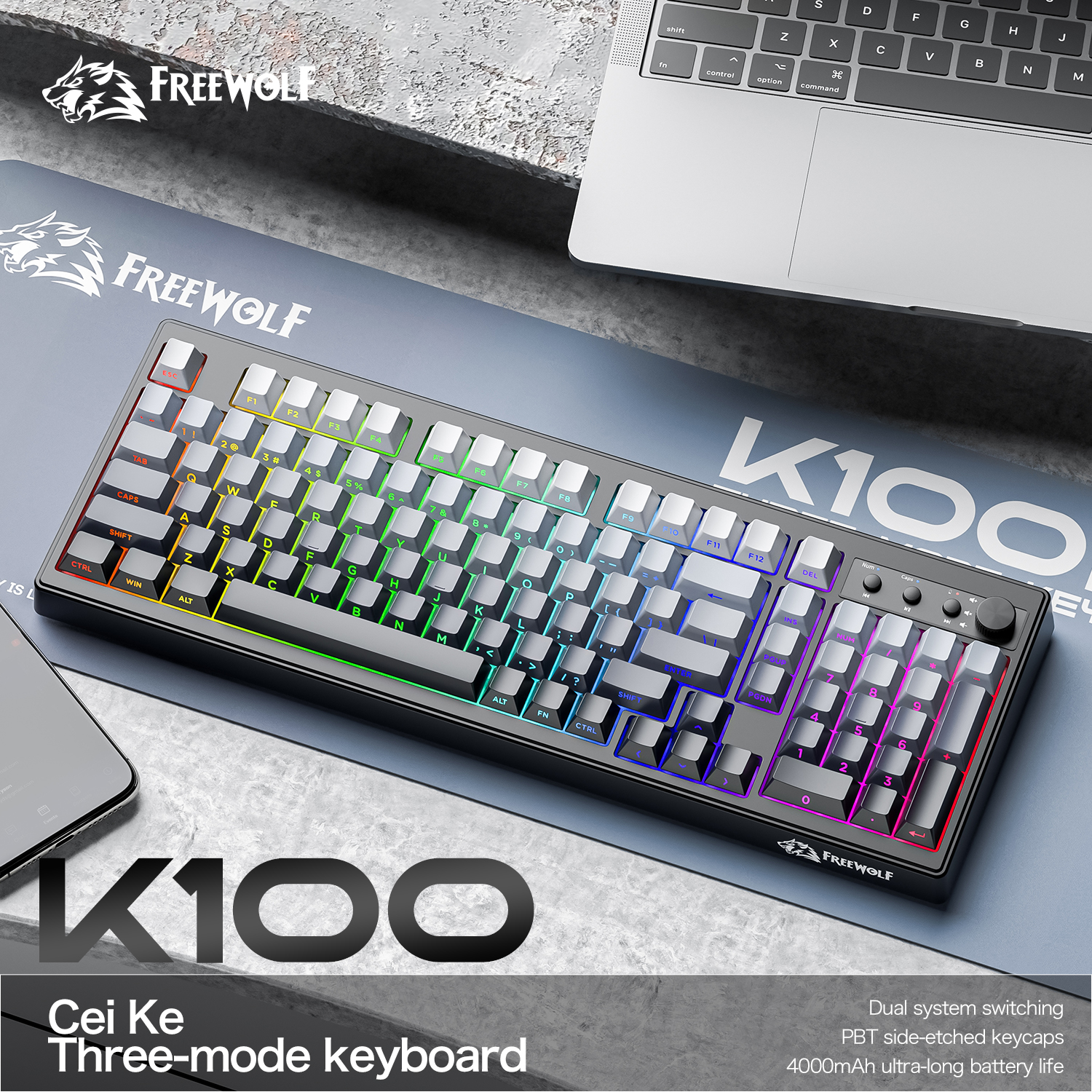 FREEWOLF k100 3 モード サイレント ゲーミング キーボード、グラデーション サイド彫刻、RGB 照明、PC およびラップトップ WIN/MAC に最適