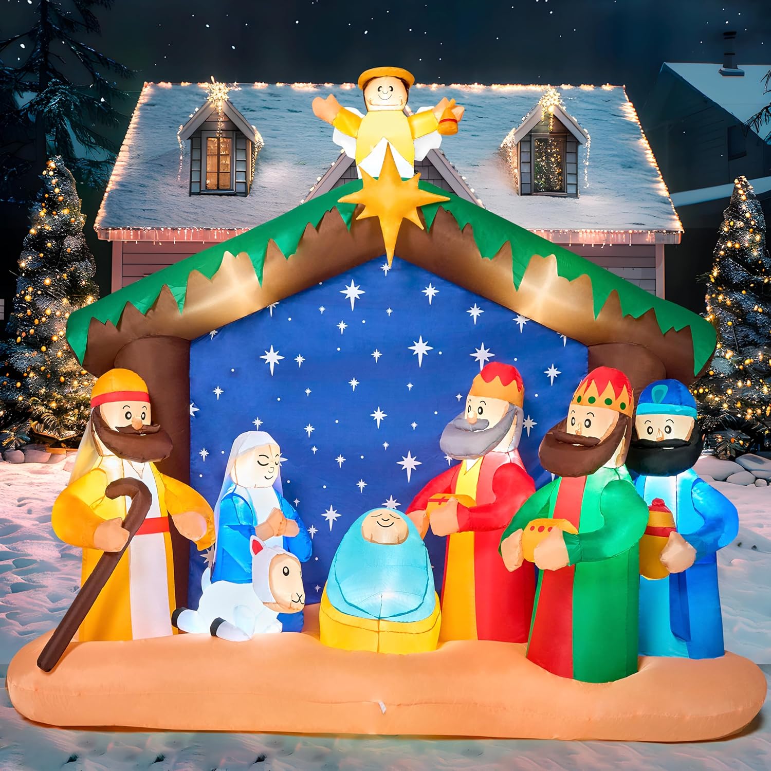 JOYFY ロング 8 フィート クリスマス インフレータブル キリスト降誕シーン クリスマス キリスト降誕セット LED 内蔵 クリスマスパーティーの庭の装飾用
