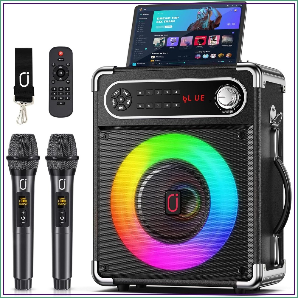 2つのワイヤレスマイク付きカラオケマシン、低音/高音調整付きポータブルBluetoothスピーカー、リモコン付きPAシステム、LEDライト、TFカード/USB/AUX/TWSをサポート