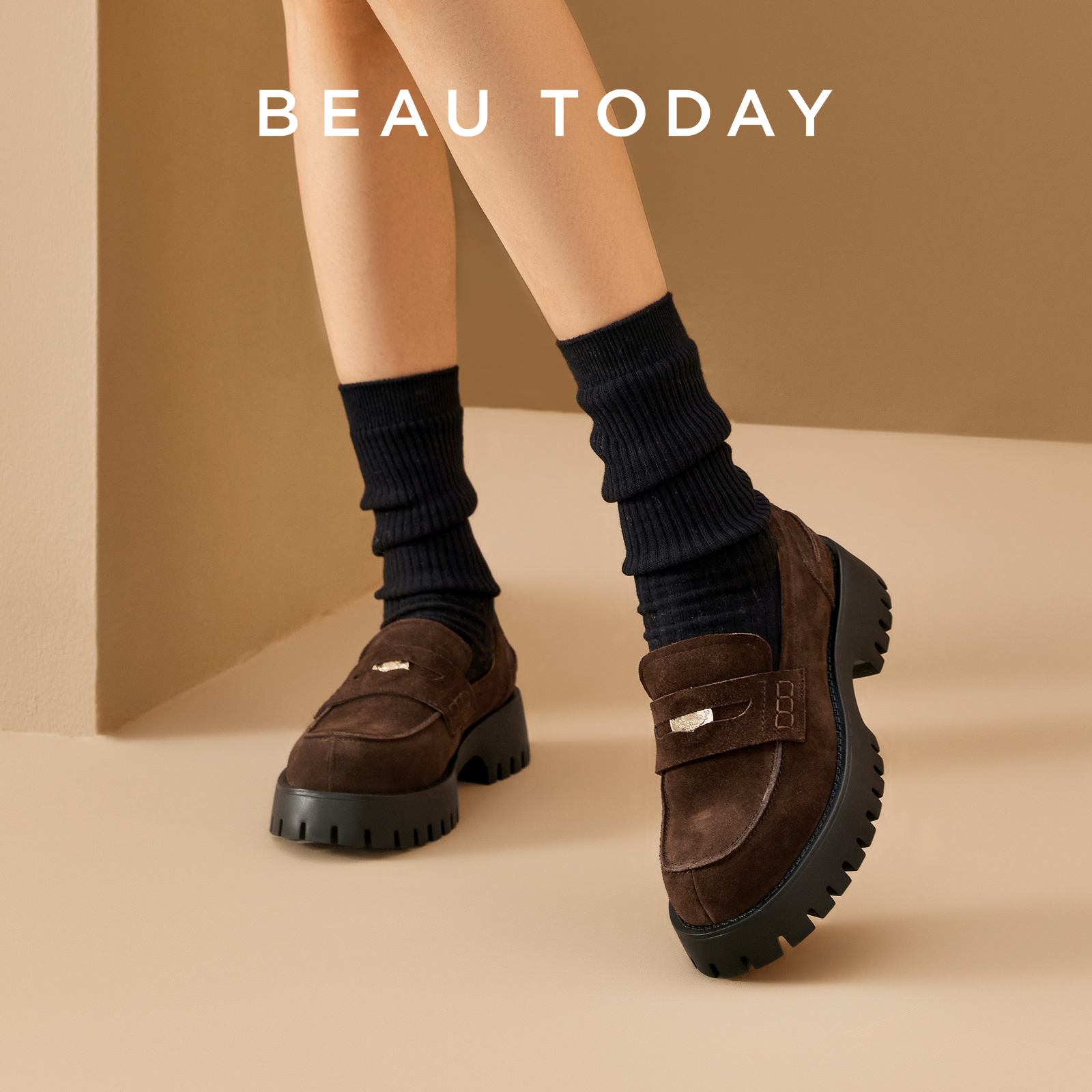 BeauToday ヴィンテージ女性のローファー牛革スエードレザープラットフォームシューズラウンドトゥメタルペニースリップオンレディースフラット手作り 26667