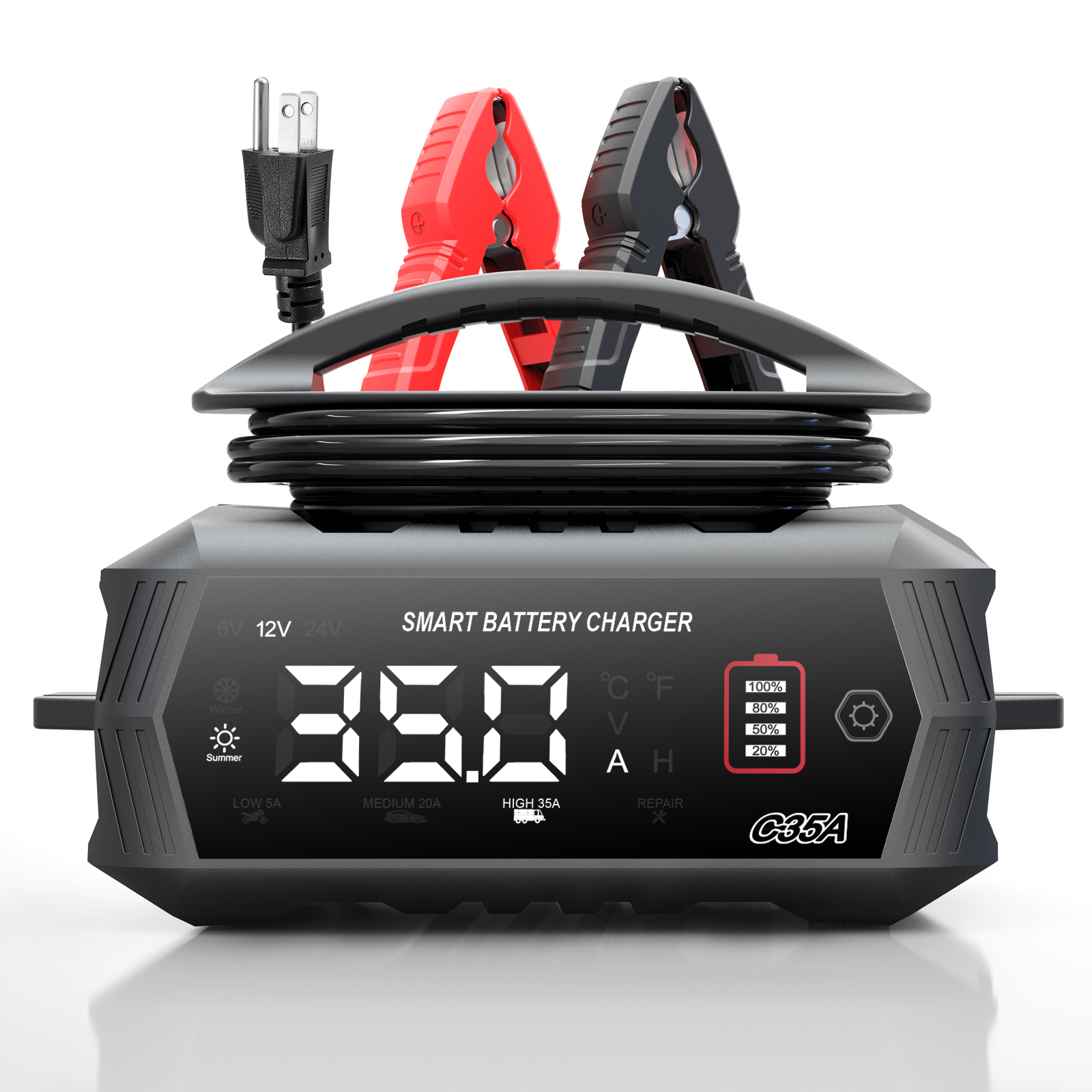 HTRC 35A/45A 6V/12V/24V LiFePO4 Car Battery Charger for Lithium AGM GEL Lead-Acid Battery Charger for Car Motorcycle Maintainter