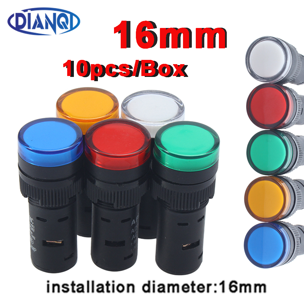 10 ピース/ロットプラスチックパネルマウント信号電源 LED インジケータランプ直径 16 ミリメートル LED 信号光 24V12V220V 赤、緑、黄、青