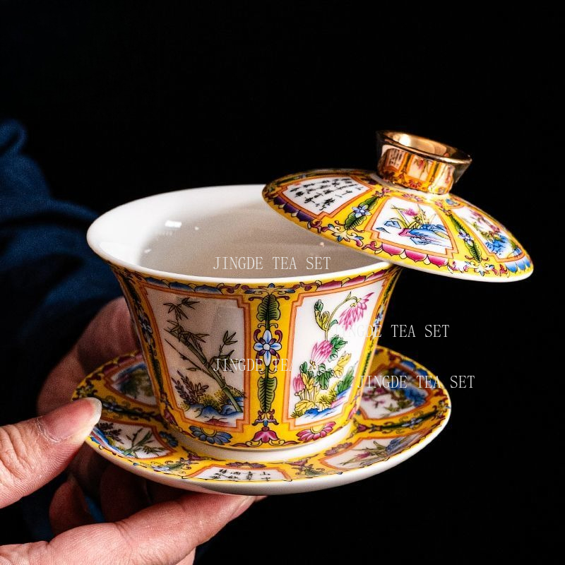 ホバリングセラミック蓋ボウル家庭用エナメル色のスリーピース蓋ボウル中国白磁カンフーティーカップ非ホットティーボウル