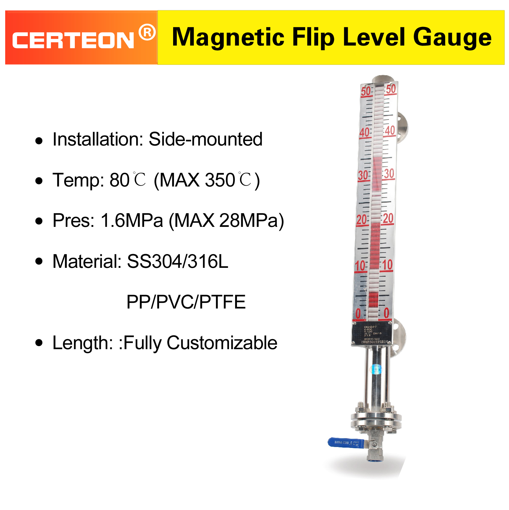Magnetic Flip Level Gauge Magnetic Float Level Indicator Liquid Level Sensor Magnetic Flap Level Gauge for Tanks and Liquids
