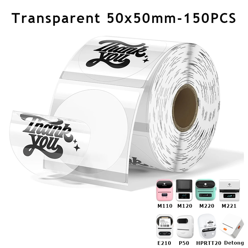 透明ラウンドラベル 50 × 50 ミリメートル/150 個熱粘着ラベルロール、 phomemo M110/M200/M120/M220 E210 P50 DETONG P1 用スーツ