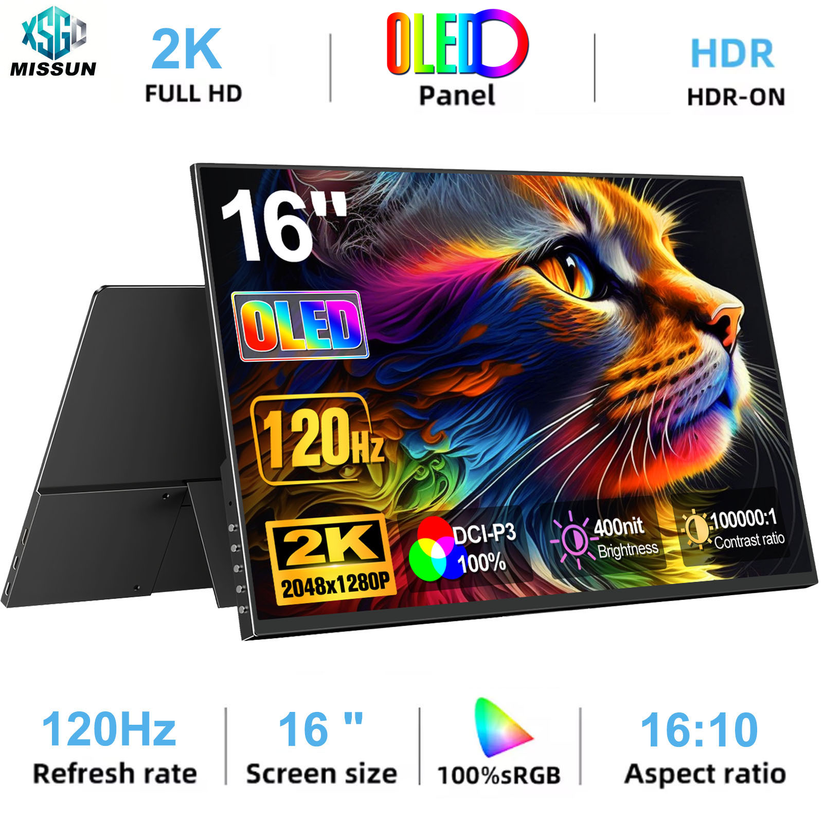 MISSUN 16.0 "120Hz OLED スクリーンポータブルモニター 2K 100% DCI-P3 ディスプレイ 1MS アイケア PC ラップトップ Mac NUC ミニ PC VESA LS スタンド