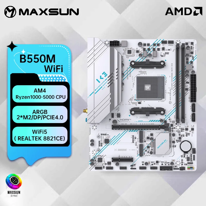 MAXSUN B550M マザーボードサポート AMD R7 5600 5700X DDR4 3200Mhz USB3.1 PCIE 4.0 AM4 ARGB WIFI5 BT4.2 B550M ゲーム WIFI ICE