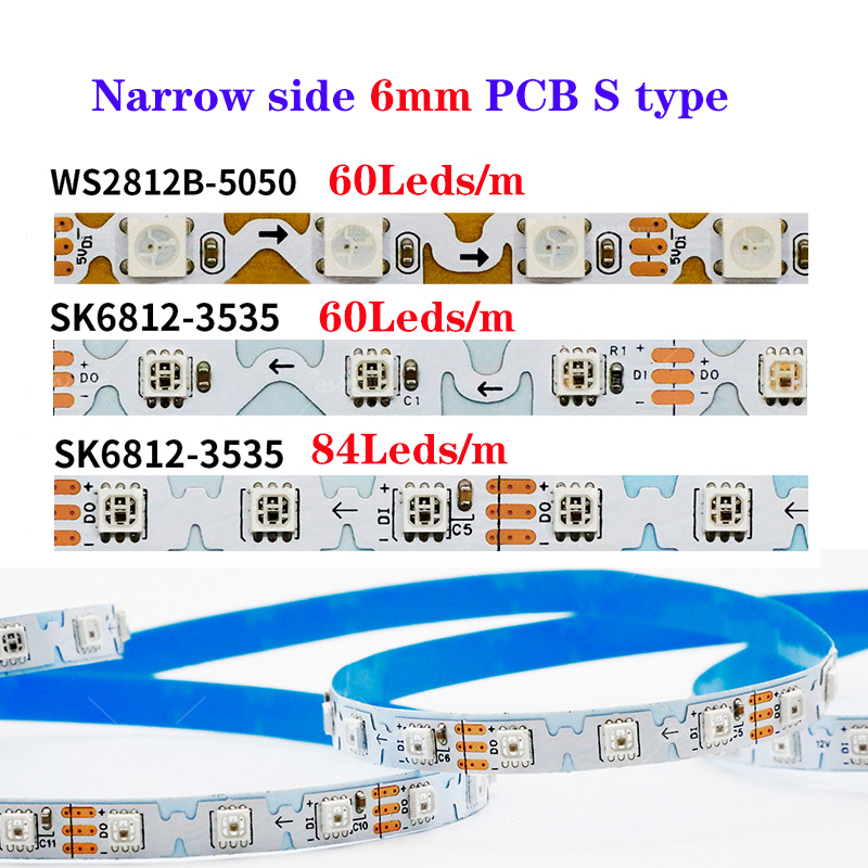 WS2812B S PCB ピクセル LED ストリップ DC5V 5050 RGB 12V 60 84 LEDs/m SK6812 3535 SMD アドレス指定可能な柔軟なテープフルカラー 6 ミリメートル PCB