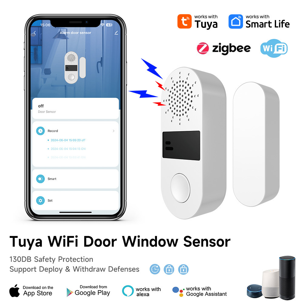 WiFi/Zigbee Tuya ドア窓センサー 130DB サウンドアラームワイヤレスドア検出器開閉アプリリモート警報システム Alexa と連携