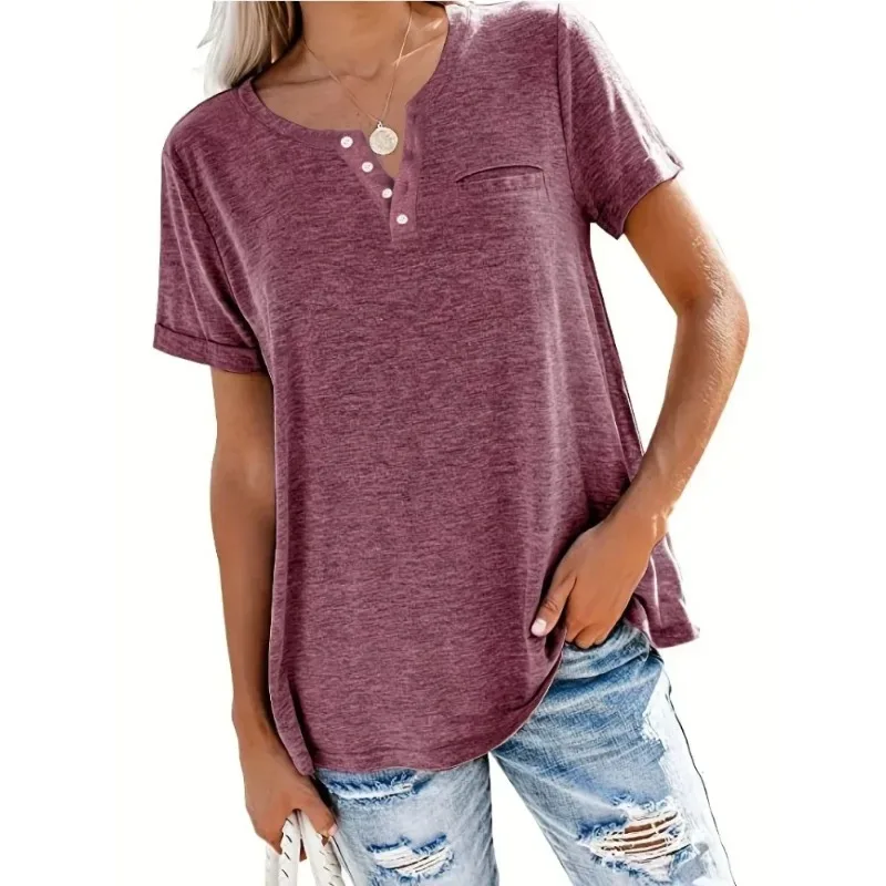 プラスサイズ 1XL-5XL 女性の春と夏の新スタイルルーズトップスレディースカジュアル V ネック半袖ポケット Tシャツ