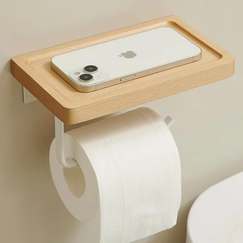 木製バスルームトイレットペーパーボックス無垢材トイレットペーパーボックストイレットペーパーラック浴室壁掛けロール紙ラック