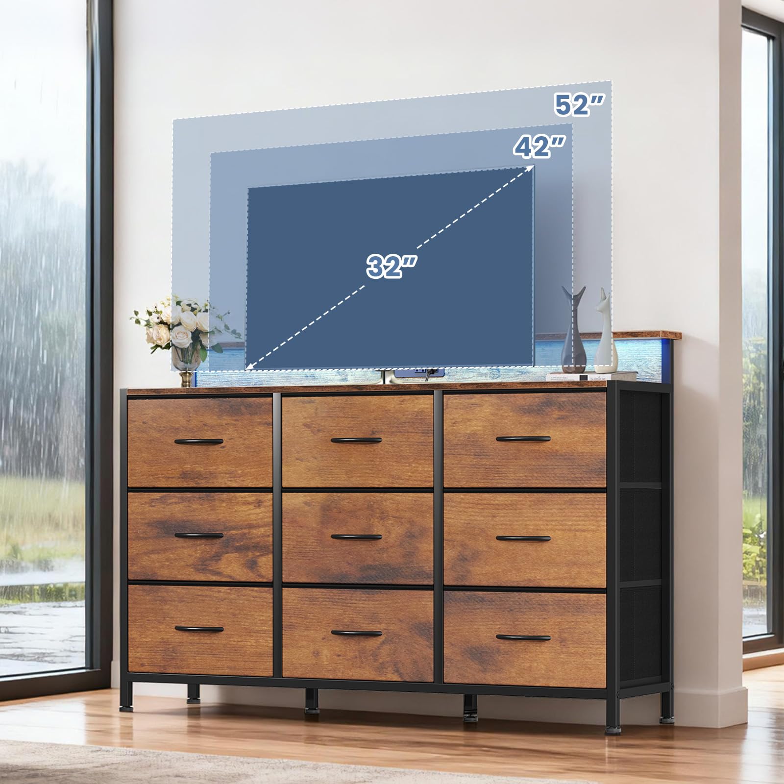 JHK テレビスタンドドレッサー 9 ファブリック引き出し付きウッドトップメディアコンソール 32-52 インチテレビスタンド家具の収納ディスプレイ付き
