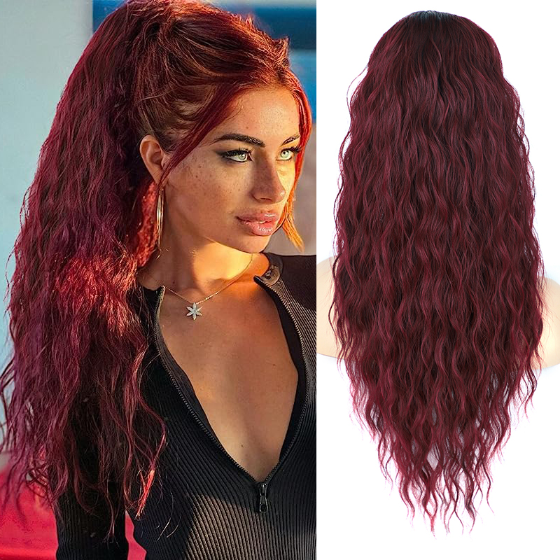 ロングカーリー波状ポニーテールヘアエクステンション女性のための天然合成巾着ポニーテールヘアピースブルゴーニュブロンド偽ポニーテール