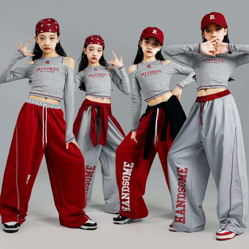 レッドジャズダンスパフォーマンス衣装長袖トップ子供ストリートダンス服トレンディな子供パンツ女の子用