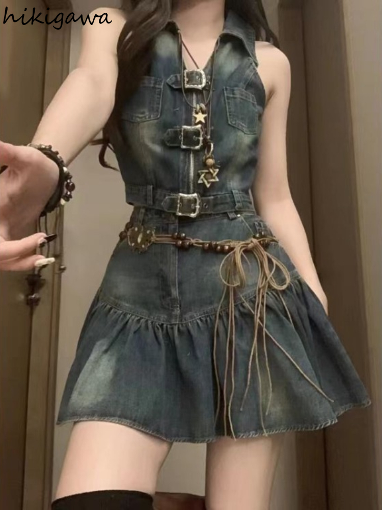 ファッションツーピースセット女性服ノースリーブジッパーY2kトップスハイウエストAラインミニスカート衣装カジュアル夏デニムセット