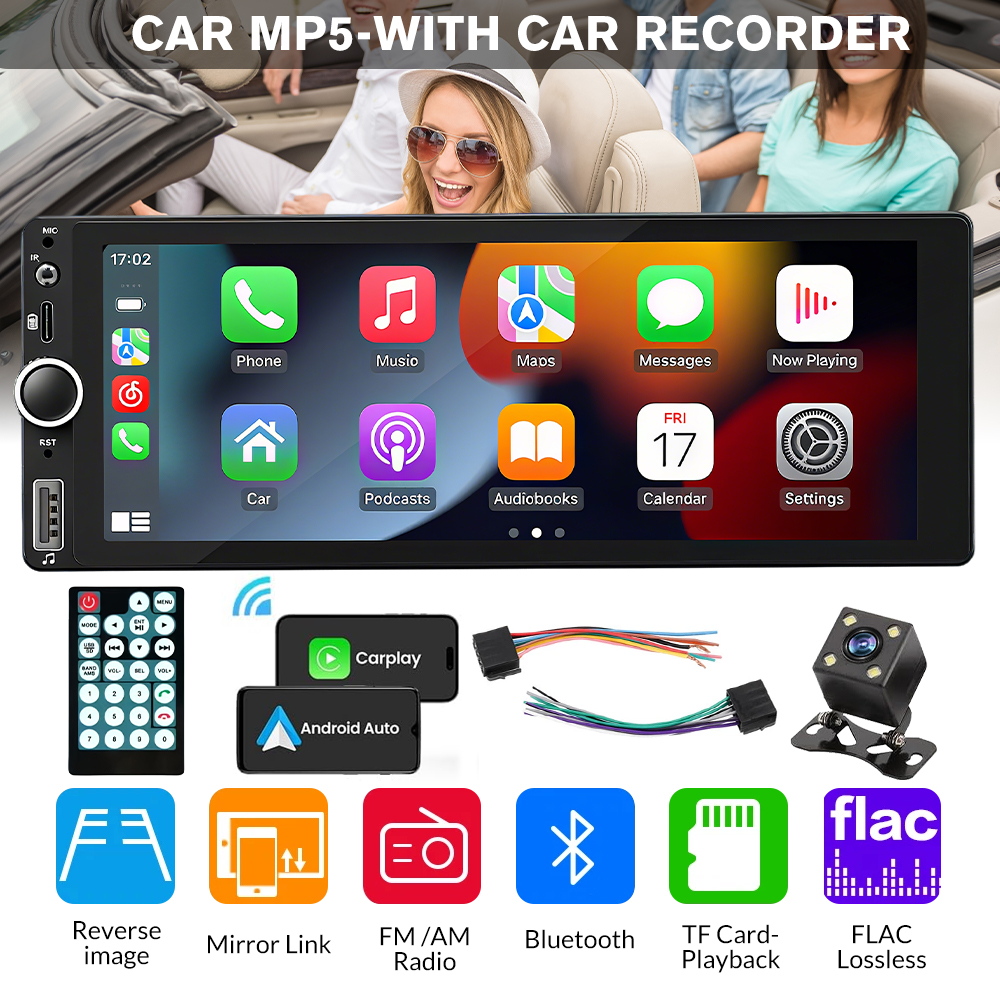 6.86インチダブルディンカーステレオワイヤレスCarplay AndroidオートカーMP5プレーヤータッチスクリーンカーラジオ、Type-C USB FM RDS Bluetoothステアリングホイールコントロールリアビューカメラ付き
