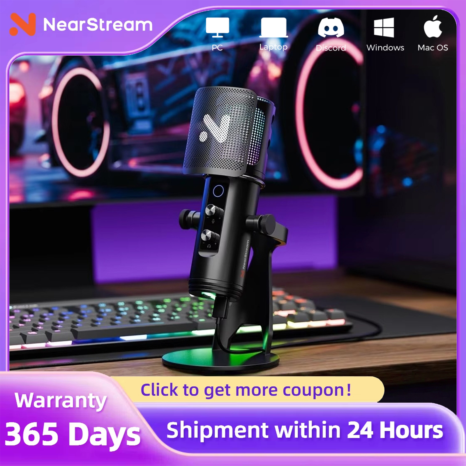 NearStream USB/XLR コンデンサー ゲーミング マイク、8 RGB モード照明、ノイズ キャンセリング デスクトップ PC/PS5/Mac でのストリーミング用