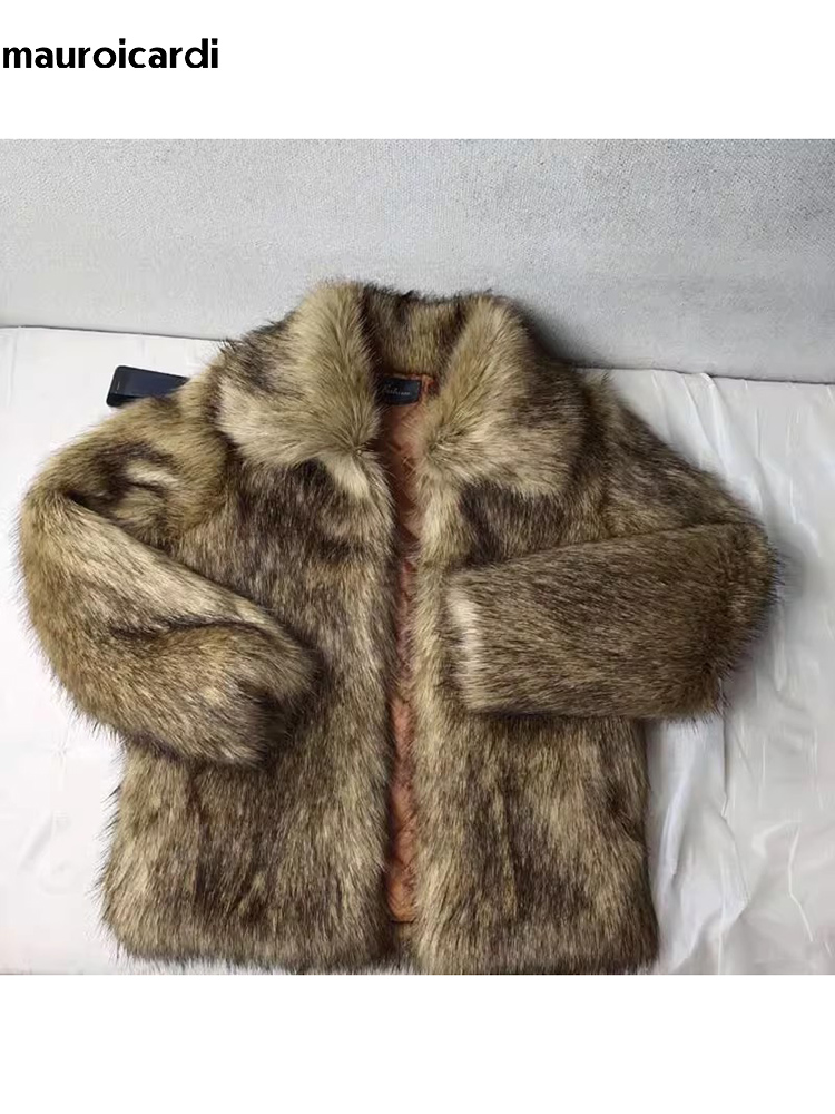 Mauroicardi 冬ショート厚くて暖かい毛深いシャギーフェイクアライグマの毛皮のコート男性長袖高品質の高級ふわふわジャケット 2023