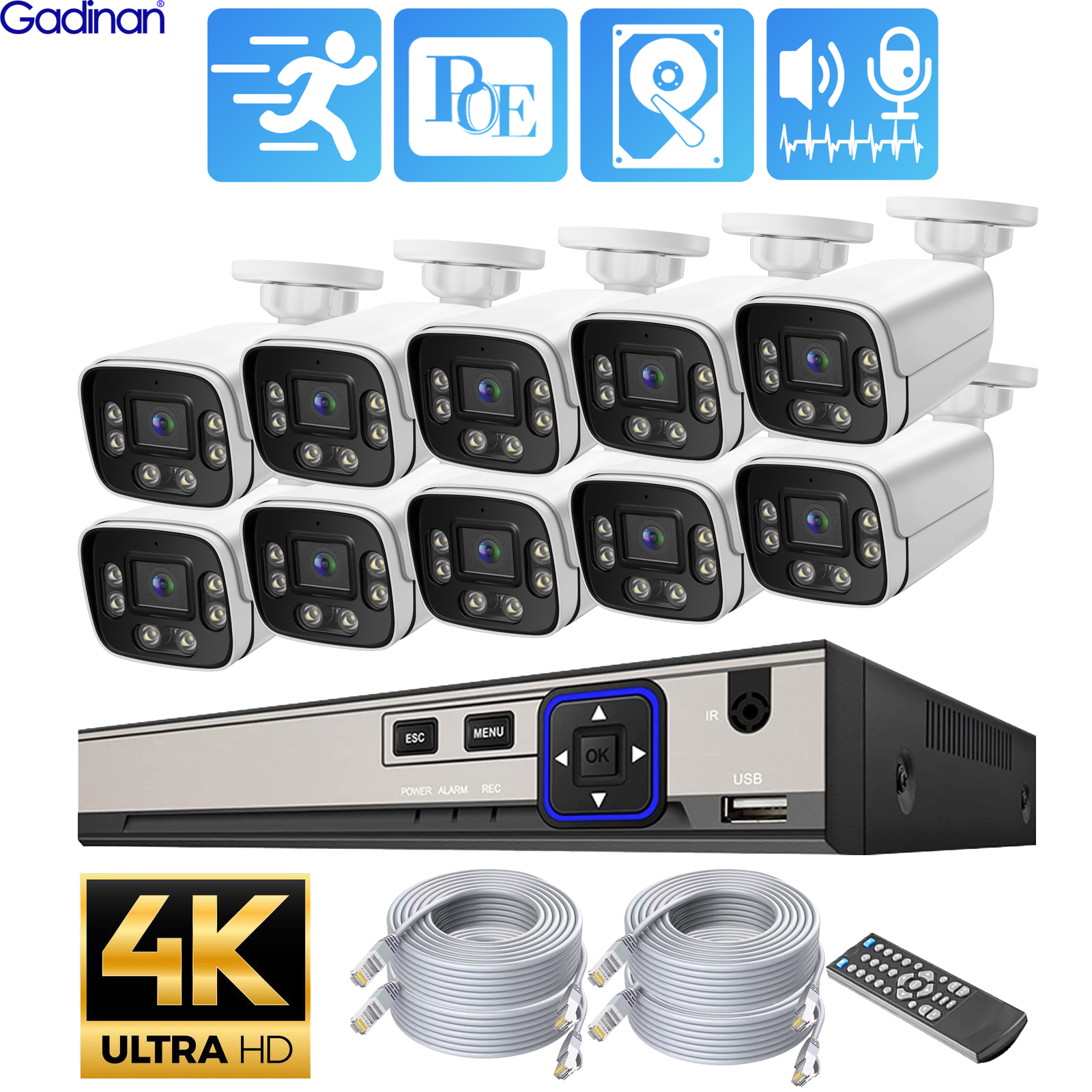 Gadinan 8MP POE Security Camera System Two Way Audio 10CH 8CH 4CH NVR Kit CCTV Outdoor IP Camera H.265 Video Surveillance Set