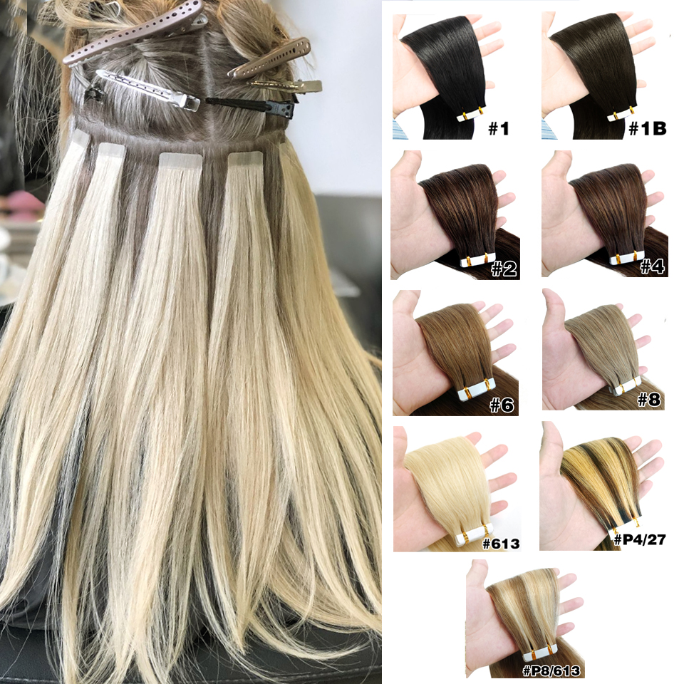 613 テープでヘアエクステンション人毛シルクストレートシームレスな目に見えないテープでエクステンションナチュラルカラー女性のための 16-26 インチ 50 グラム