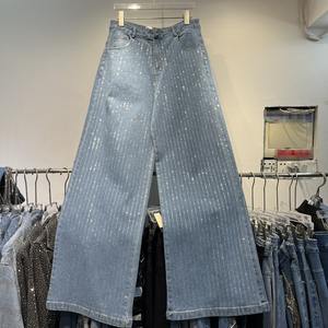 プレミアム卸売 2025年夏新作 ファッション ストライプ ラインストーン ストレートレッグ スリムフィット 万能 レディースジーンズ