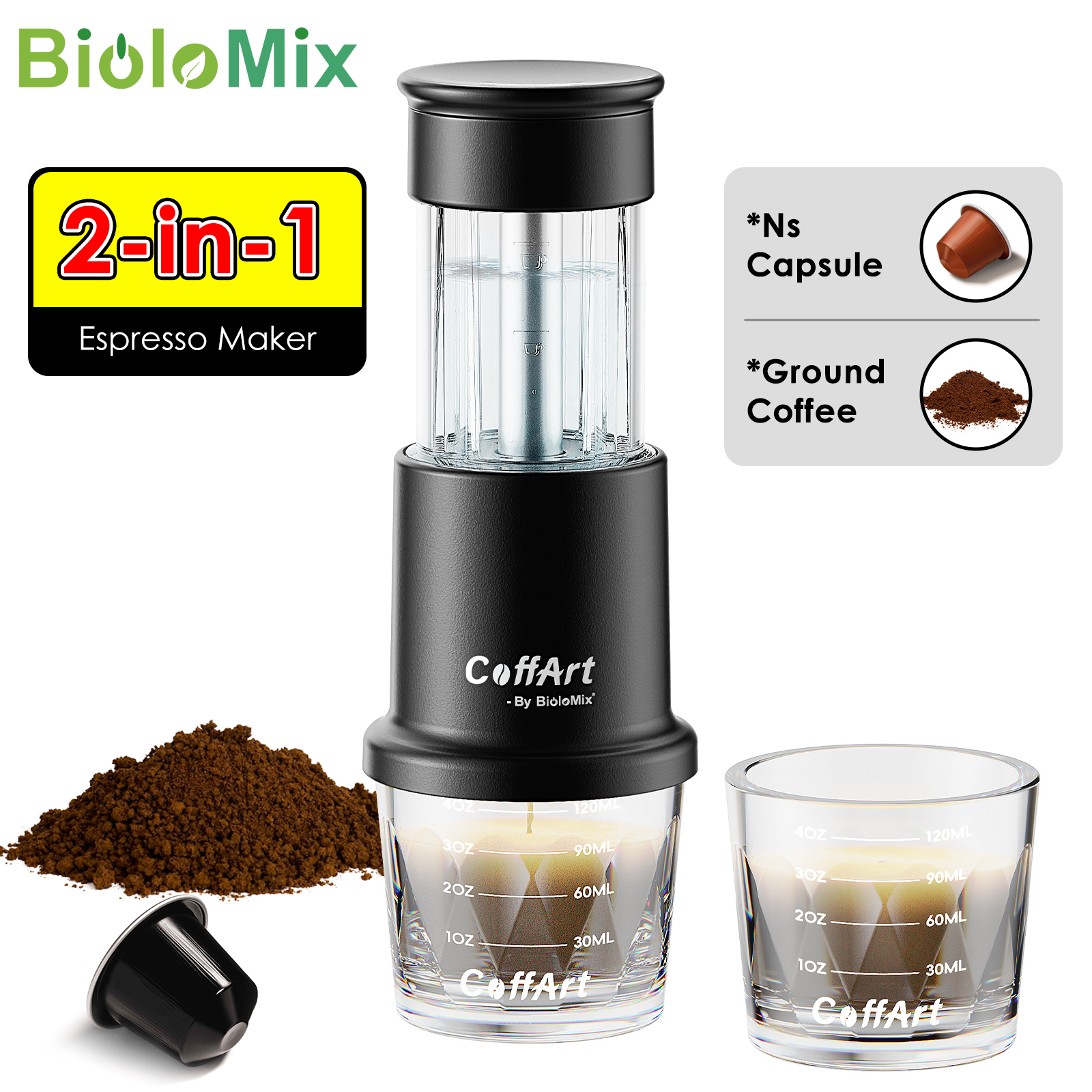 BioloMix 2 In 1多機能ポータブル手動ミニエスプレッソハンドプレスコーヒーメーカー、カプセルコーヒーとパウダーと互換性あり