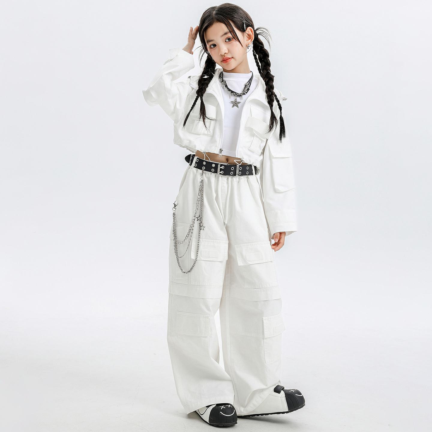 Kid Kpop Hip Hop Clothing White Zip up Crop Jacket Top Street Wide Leg Multi Pockets Cargo Pants for Girl Dance Costumes Clothes