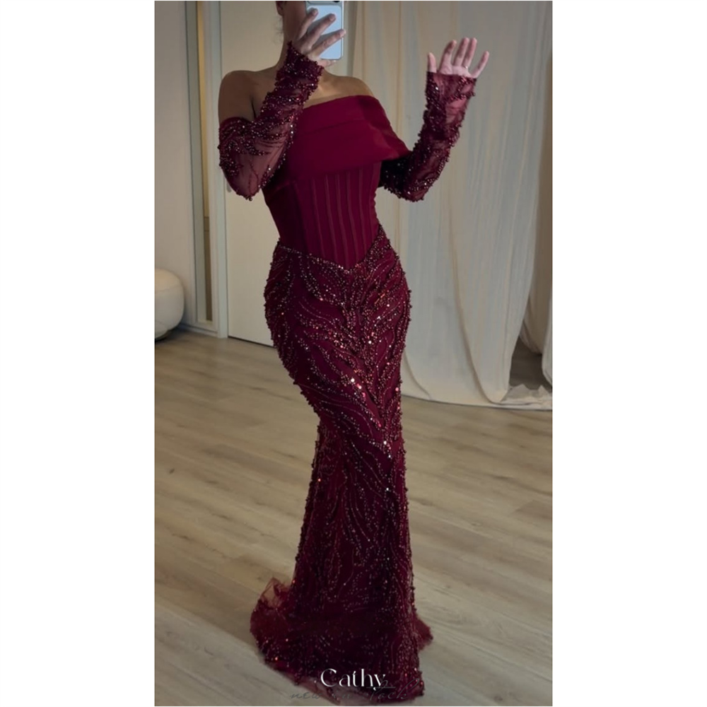 Cathy カスタマイズされたブルゴーニュレース長袖ウエディングドレスオフショルダーマーメイドvestidos de noivaフロアレングスフォーマルイブニング