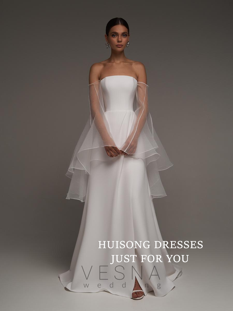 HUISONG Customized Satin Wedding Dresses Long Sleeves Strapless Side Split A-Line Beach Bridal Gown свадебное платье