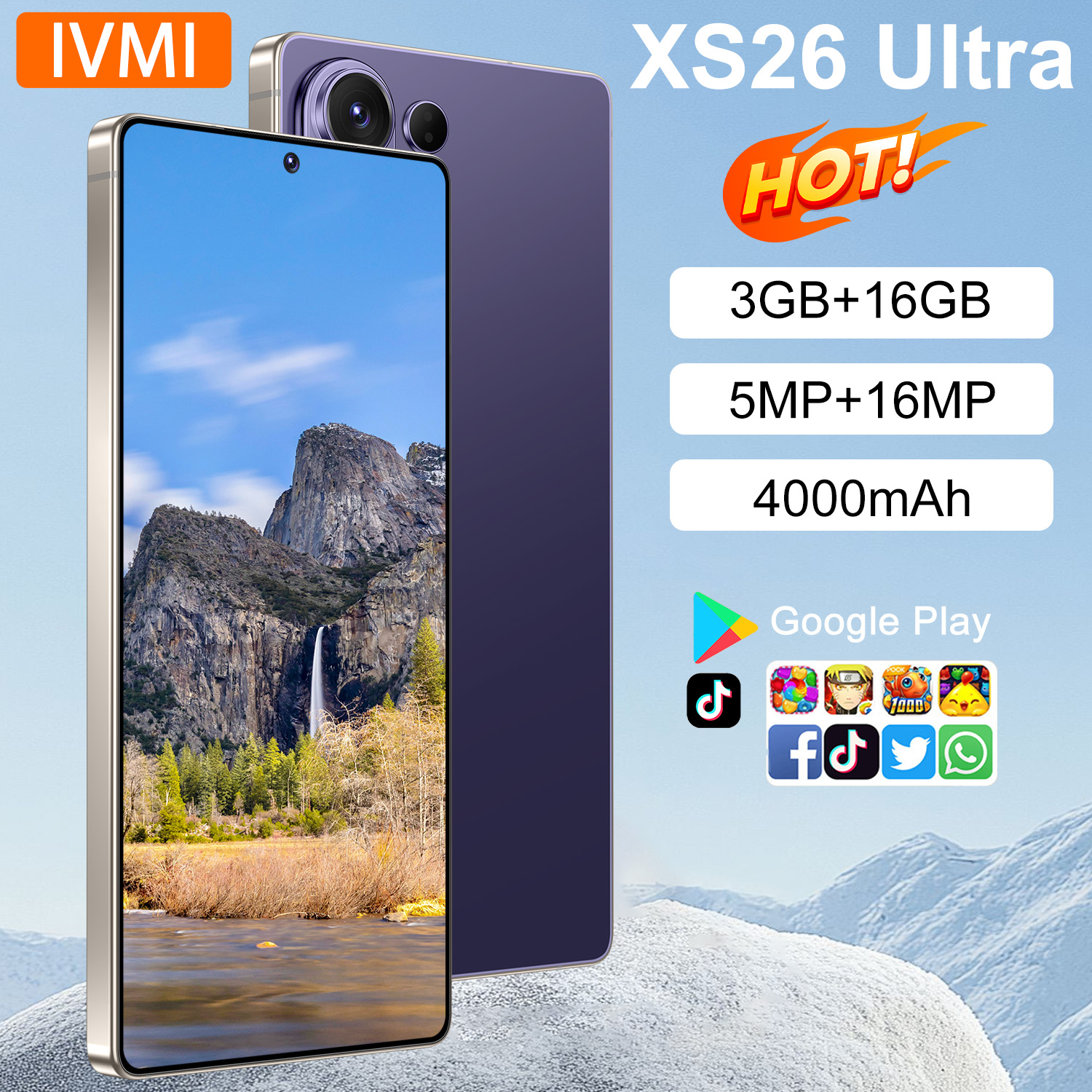 IVMI グローバル XS26 ウルトラ スマートフォン Android 3GB RAM 16GB ROM、6.9 インチ ディスプレイ デュアル SIM Google Play ストア Face ID 4G ネットワーク電話