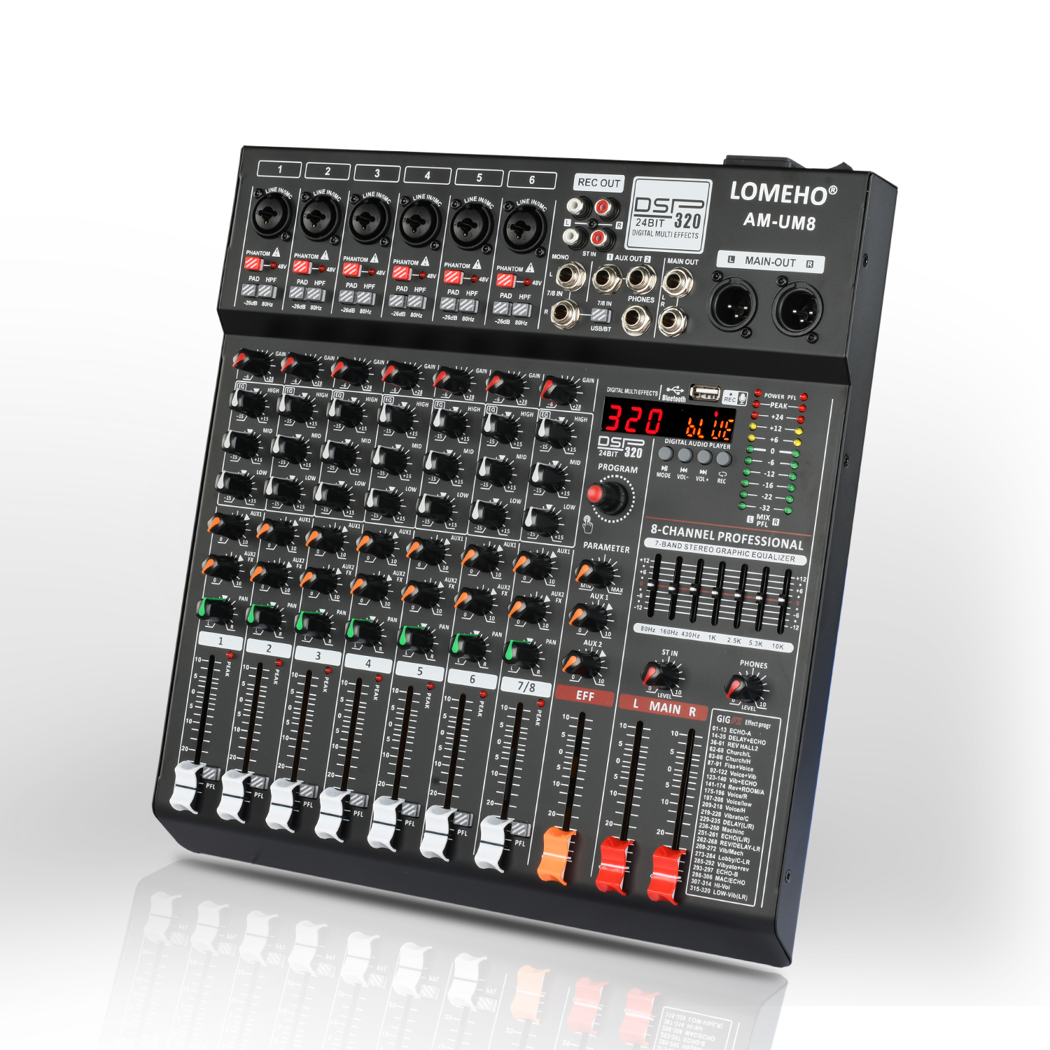 Lomeho オーディオミキサー 6 チャンネル 4 モノラル 1 ステレオ 2 AUX 出力ミキシングコンソール Bluetooth USB 48V 320 DSP サウンドテーブル AM-UM6