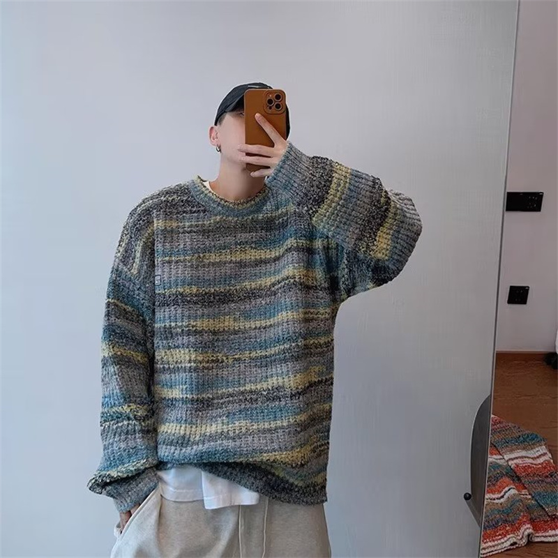 春のクラシックカラーブロックストライプニットセーター男性ヒップホップファッションルーズプルオーバーストリート Y2K ヴィンテージジャージやつ