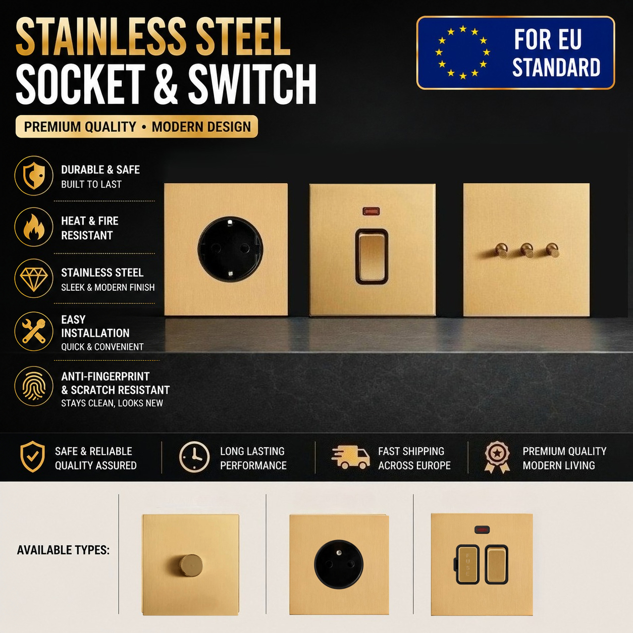ゴールドブラッシュステンレス鋼金属トグルウォールライトスイッチ EU FR 英国電源ソケットミドルスイッチ CAT6 USB AC110-250V 86 ミリメートルスイッチ