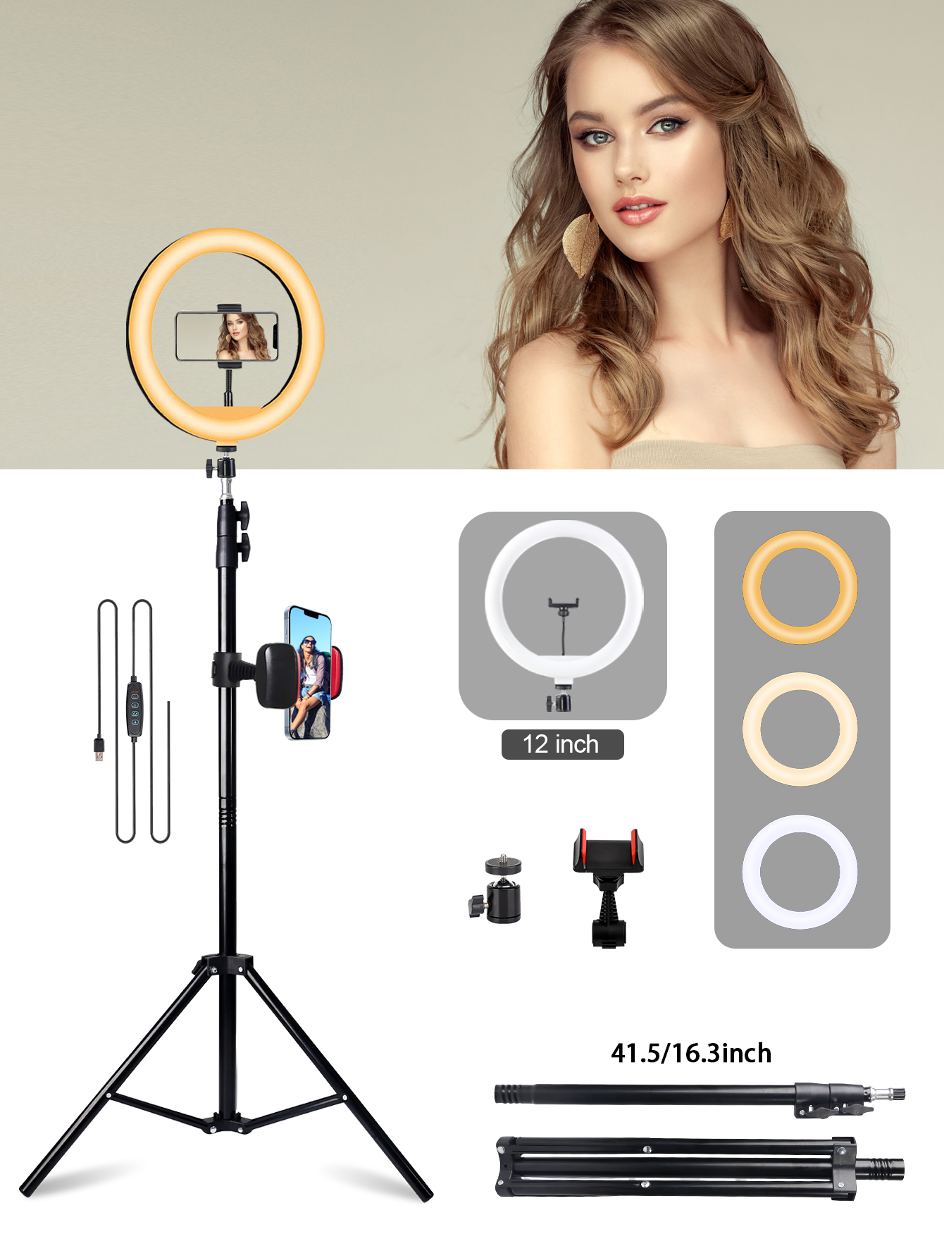 12インチLEDリングライト、2セクション160cm三脚、明るさ調整可能、ポータブルランプ、メイクアップ、携帯写真撮影、ライブ記録
