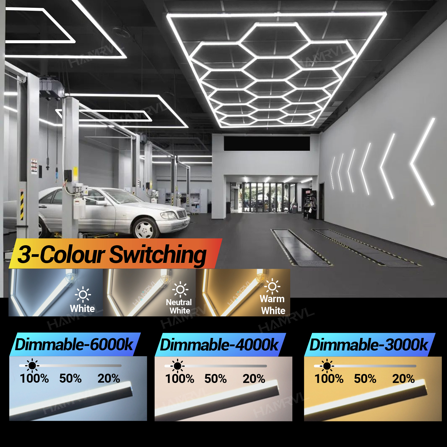 ガレージランプ調光可能な六角 LED 照明色変更 3000K4000K6000KGym 理髪店ワークショップチューブハニカムシーリングライト CarRepair