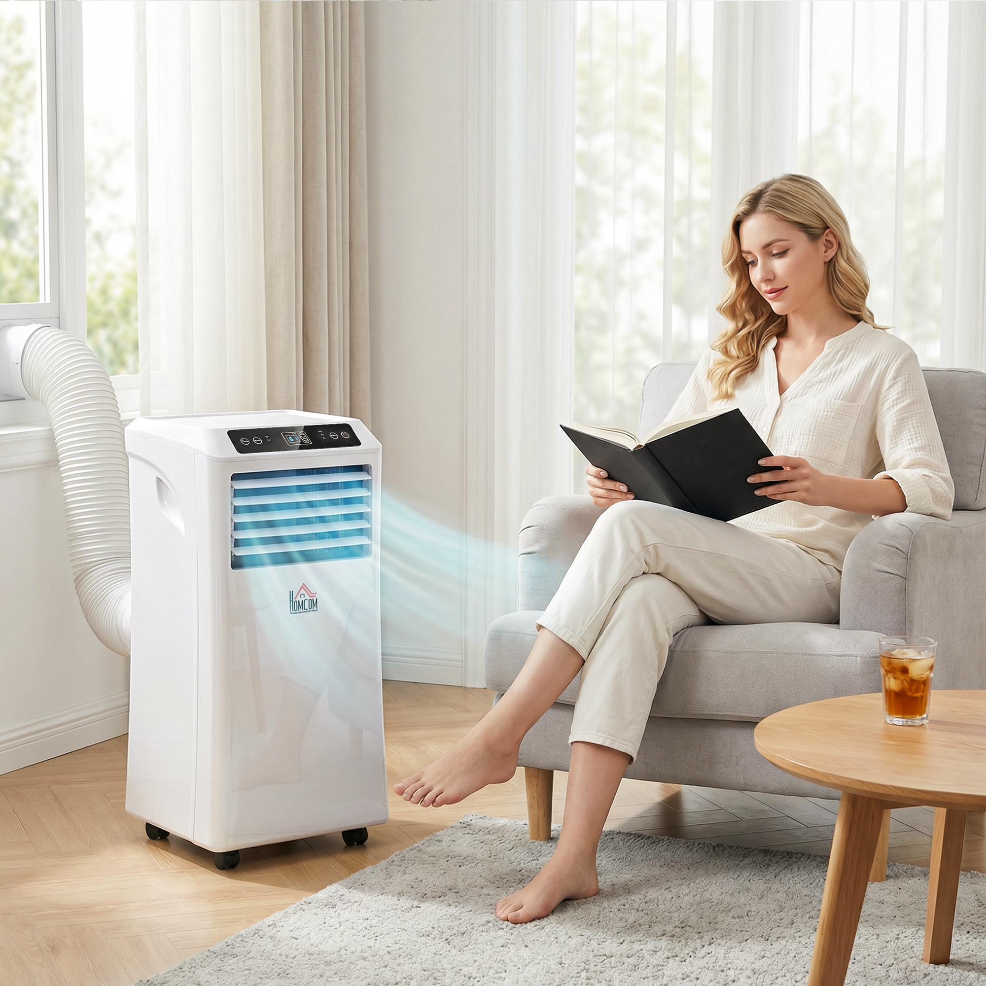 10000 BTU モバイルポータブルエアコン、冷却、除湿器、換気機能付き、2 スピードファン、24 時間タイマー、ホワイト