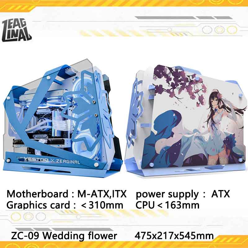 ZEAGINAL ZC-09 MATX/ITX オープンコンピューターケース、強化ガラスの両面が透明、青と白の限定版