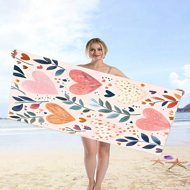 Colorful Heart & Leaf Beach Towel Patterned Sunscreen And Windproof Suitable For Swimming Pool Camping Travel Blanket