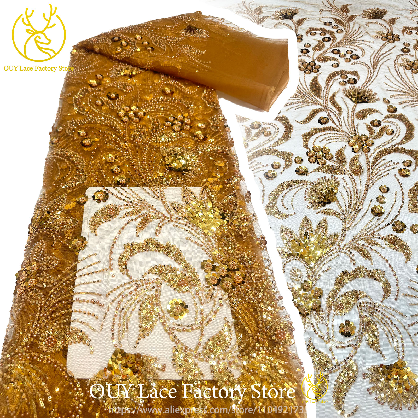 Gold Luxury African Beaded Lace Fabric 2026 High Quality French Sequins Embroidery Tulle Lace For Nigerian Party Dress Sewing