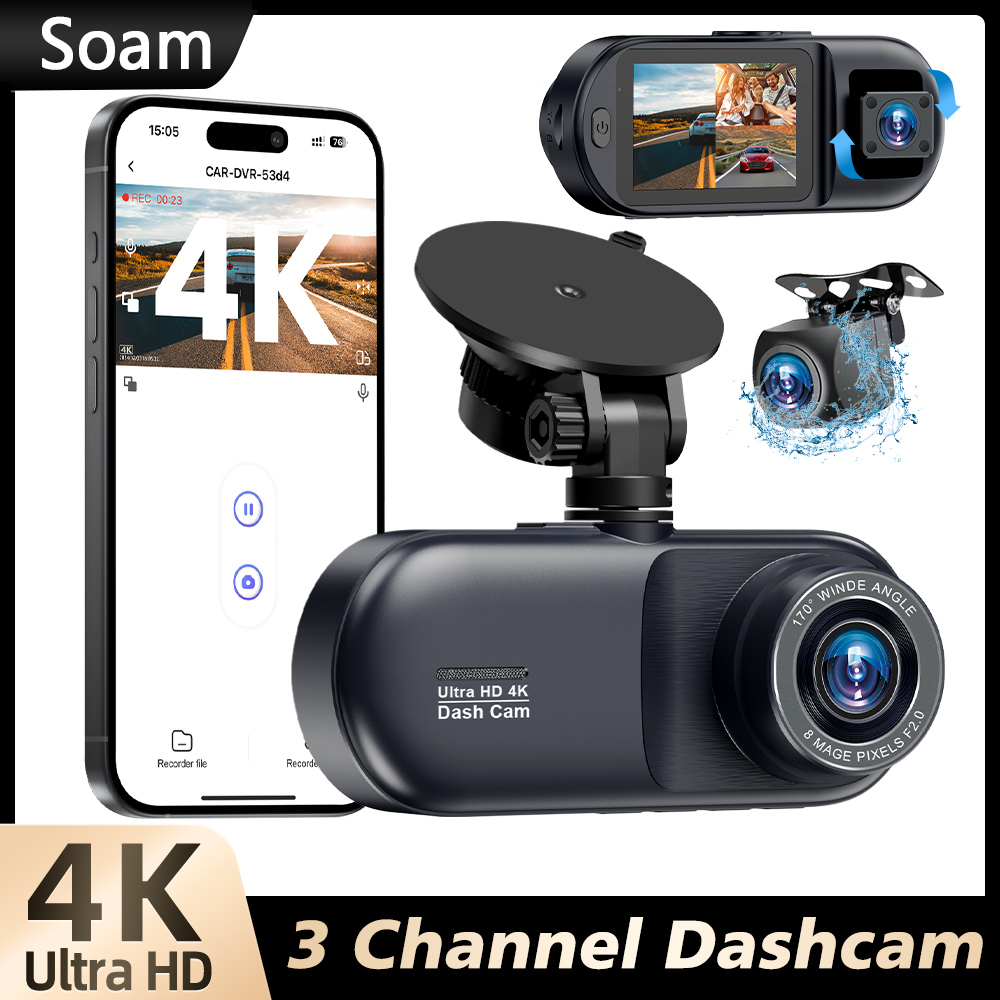 Soam 4K 車ダッシュカム 3 チャンネルフロントリアおよび内部ナイトビジョン 24 時間駐車モニター APP 制御内蔵 WIFI Dvr ダッシュカム