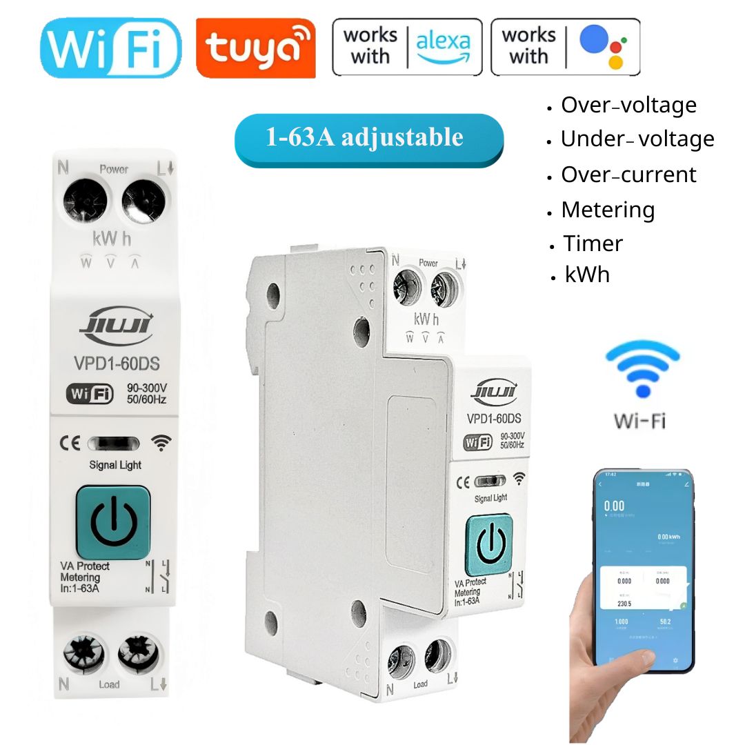 JIUJI 63A 1P N WiFi スマートスイッチ、エネルギー計量 KWh 監視タイマー MCB TUYA ブレーカーとの互換性、Smartlife 電圧用