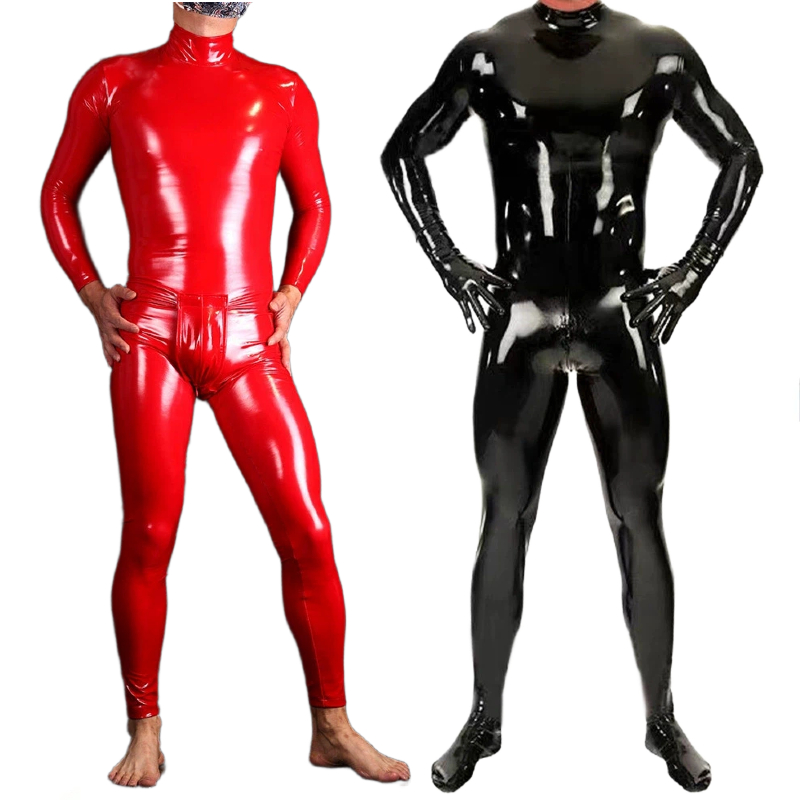 メンズシャイニーメタリックラテックスボディスーツフルボディスキンタイトキャットスーツレッドブラックラバージャンプスーツクラブウェアハロウィンロールプレイ用