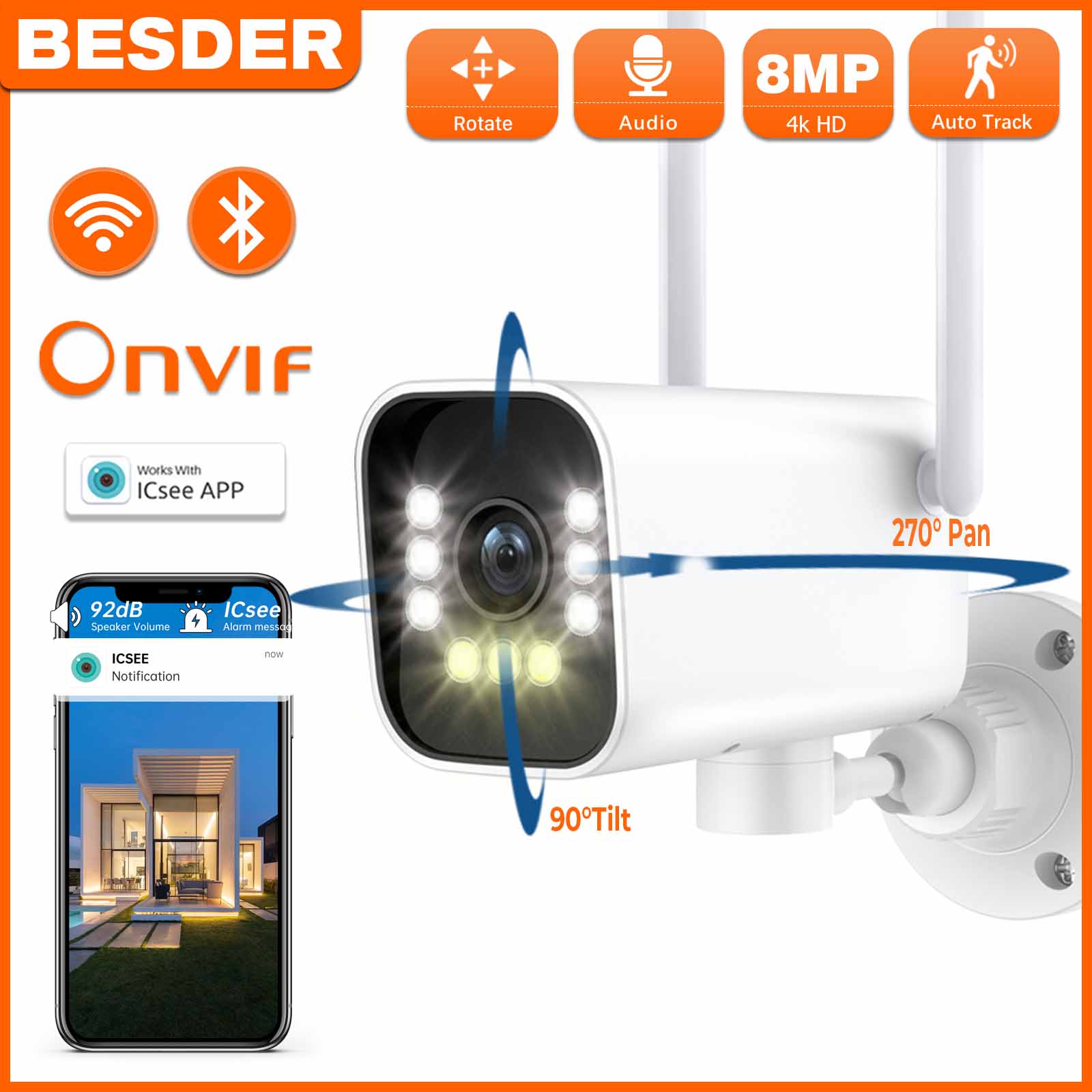 BESDER 8MP PTZ 弾丸 IP カメラ Wifi AI 人間検出 iCSee 1080P CCTV 屋外ワイヤレス監視カメラ SD カードスロット付き
