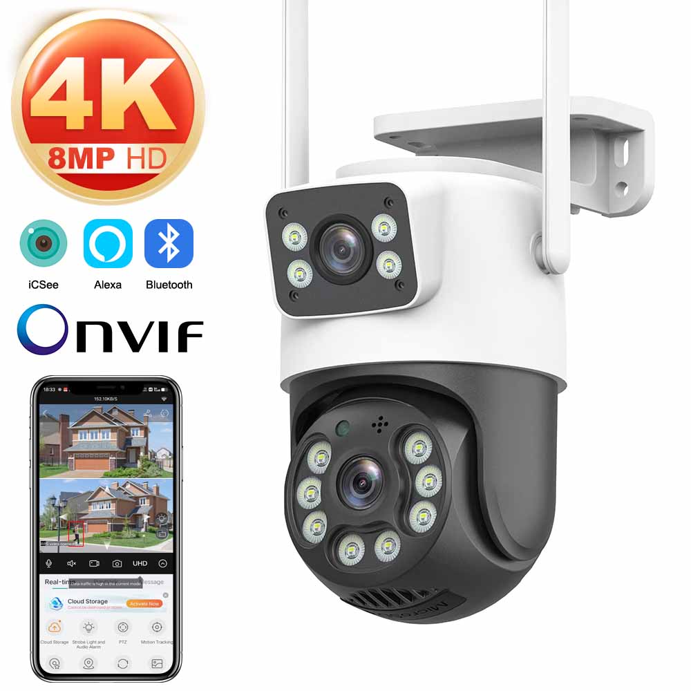 4K 8MP WiFi監視カメラ、デュアルレンズ、4Xデジタルズーム、AI人体検出、ONVIF、屋外セキュリティPTZ IPカメラ
