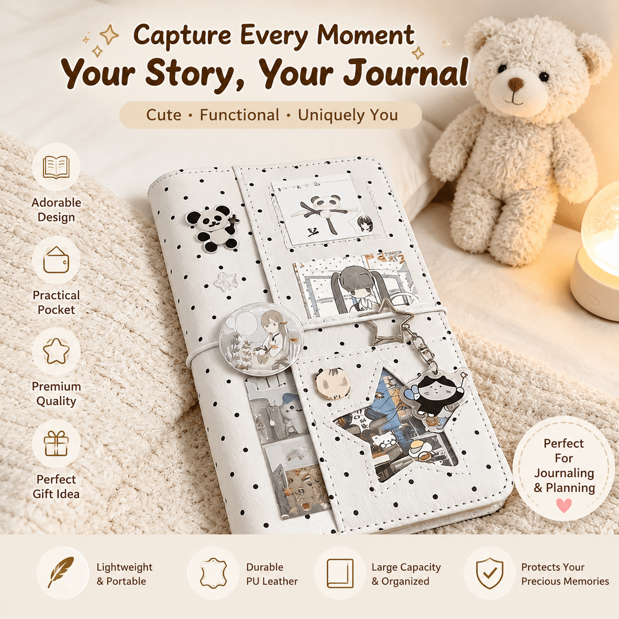 A6サイズ 水玉模様 布製バインダー ルーズリーフノート 6穴 ポータブル DIY スクラップブック ジャーナル マルチポケット フォトアルバム 学用品
