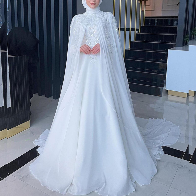 イスラム教徒のウェディングドレスヒジャブハイネック長袖Aライン花嫁ドレスシフォン真珠の花嫁衣装vestidosデノビアカスタマイズ