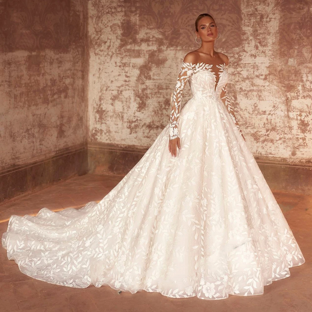 Flavinke Customized Elegant Vintage Lace Wedding Dresses For Women Bride Boat Neck Pleat Tulle A-LINE Appliques Vestido De Novia
