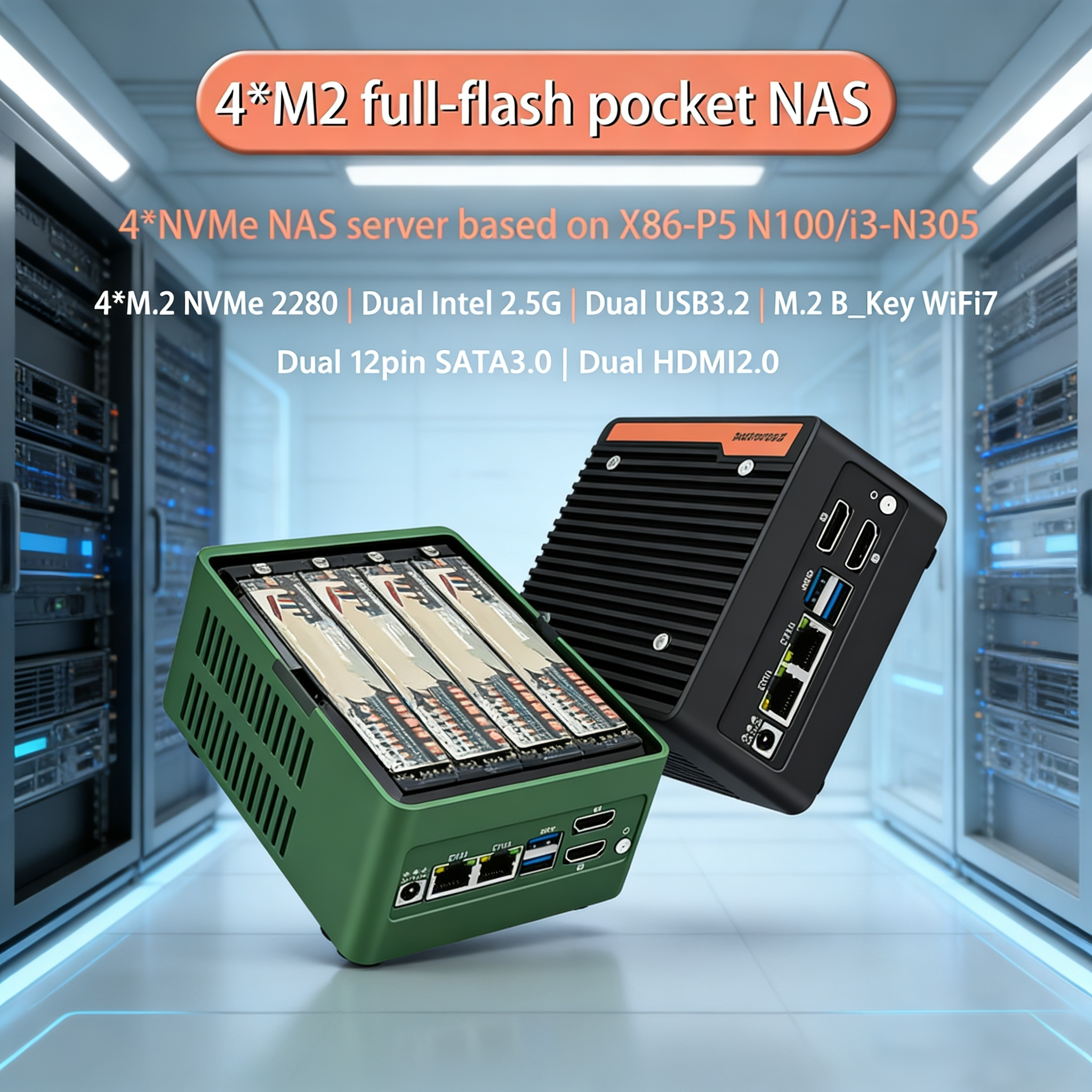 Pocket NAS Twin Lake Intel N150 クアッドコア ファイアウォール ミニ PC 4xM.2 NVMe 2xSATA3.0 DDR5 2x2.5G LAN 2xUSB3.2 2xHDMI2.0 コンパクト ホスト
