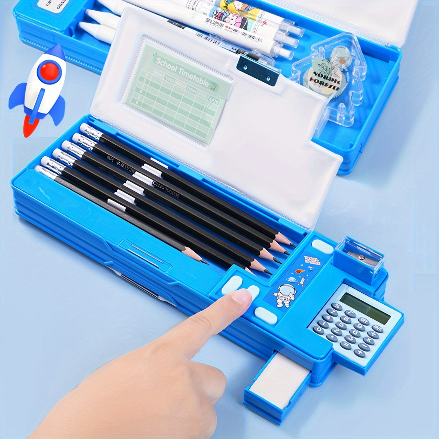 子供用多機能ペンケース（電卓付き）、ペン、鉛筆、マーカー、事務用品用デスクオーガナイザー、ピンクとパープル