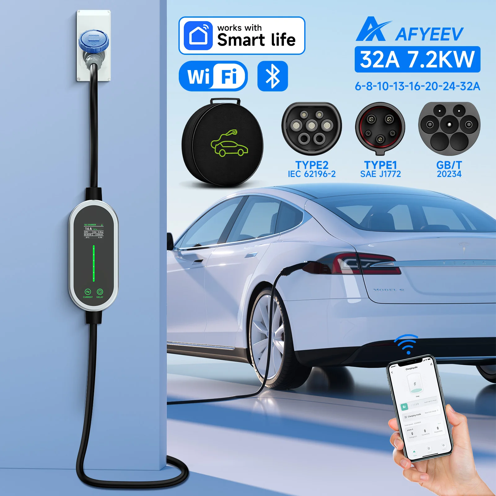 AFYEEV 7.2KW 32A タイプ 2 EV 充電器 Type1 GB/T EVSE 充電ケーブル 3 ピン CEE プラグ WiFi Bluetooth APP リモコン 5 メートル